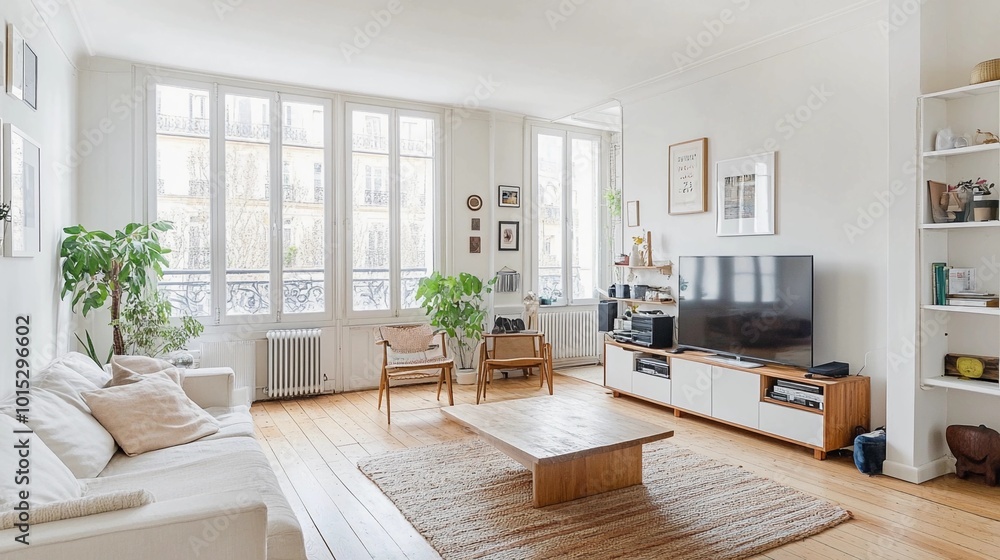Scandinavian living room, light wood floors, white walls, minimalist furniture, large windows letting in natural light, cozy textiles, clean and airy atmosphere Scandinavian living room, light wood floors, white walls, minimalist furniture, large windows letting in natural light, cozy textiles, clean and airy atmosphere