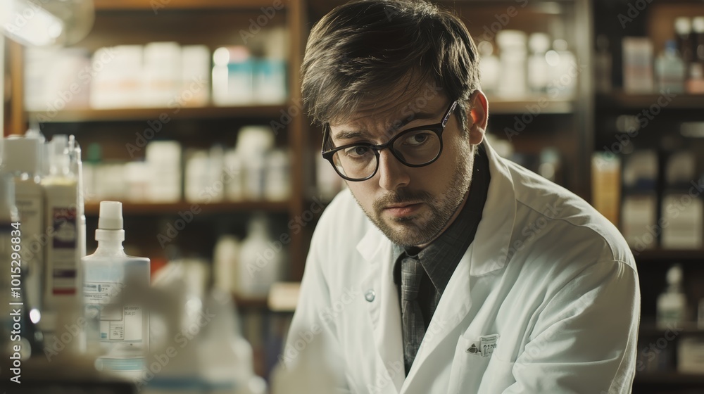 Thoughtful male scientist in a lab coat analyzing samples in a research laboratory. Thoughtful male scientist in a lab coat analyzing samples in a research laboratory.