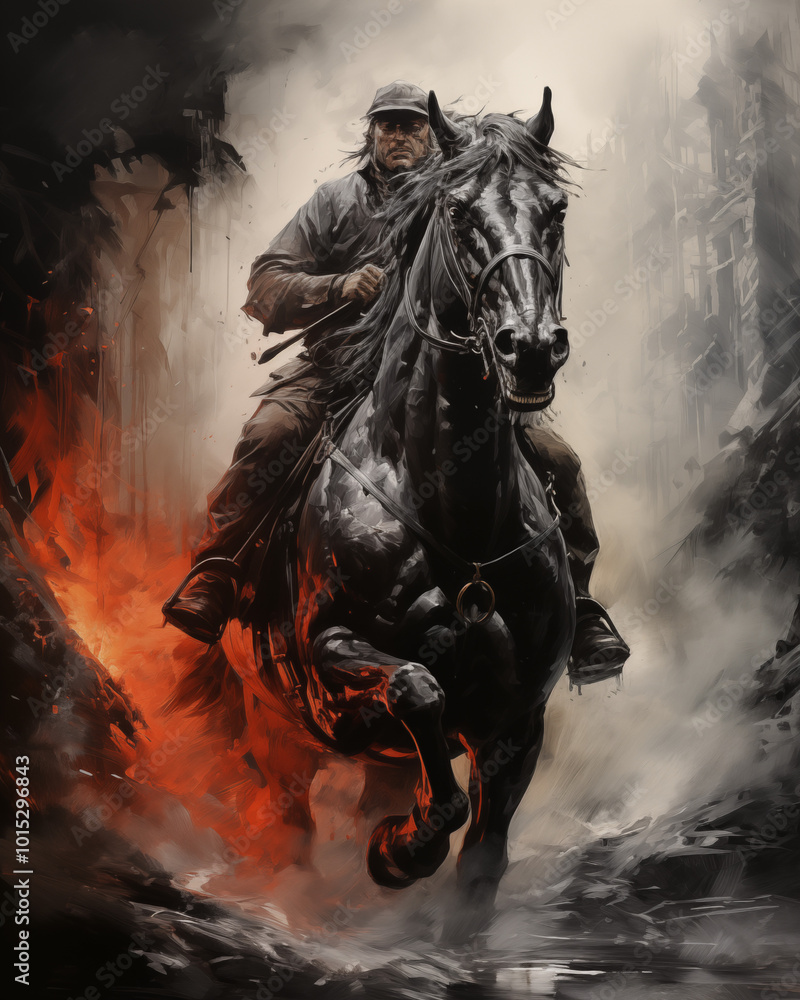 Determined rider in uniform galloping on a fierce black horse in a dynamic and fiery scene against a dark, dramatic background with copy space Determined rider in uniform galloping on a fierce black horse in a dynamic and fiery scene against a dark, dramatic background with copy space