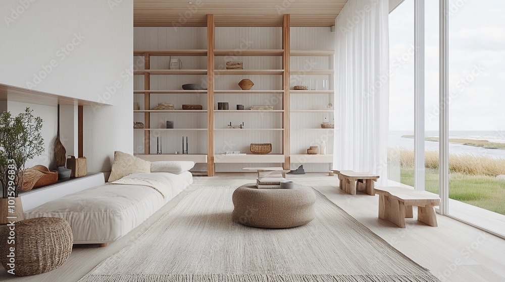 Modern Scandinavian living room, white walls, natural wood accents, soft rugs, minimalist shelving, floor-to-ceiling windows, serene and bright interior
