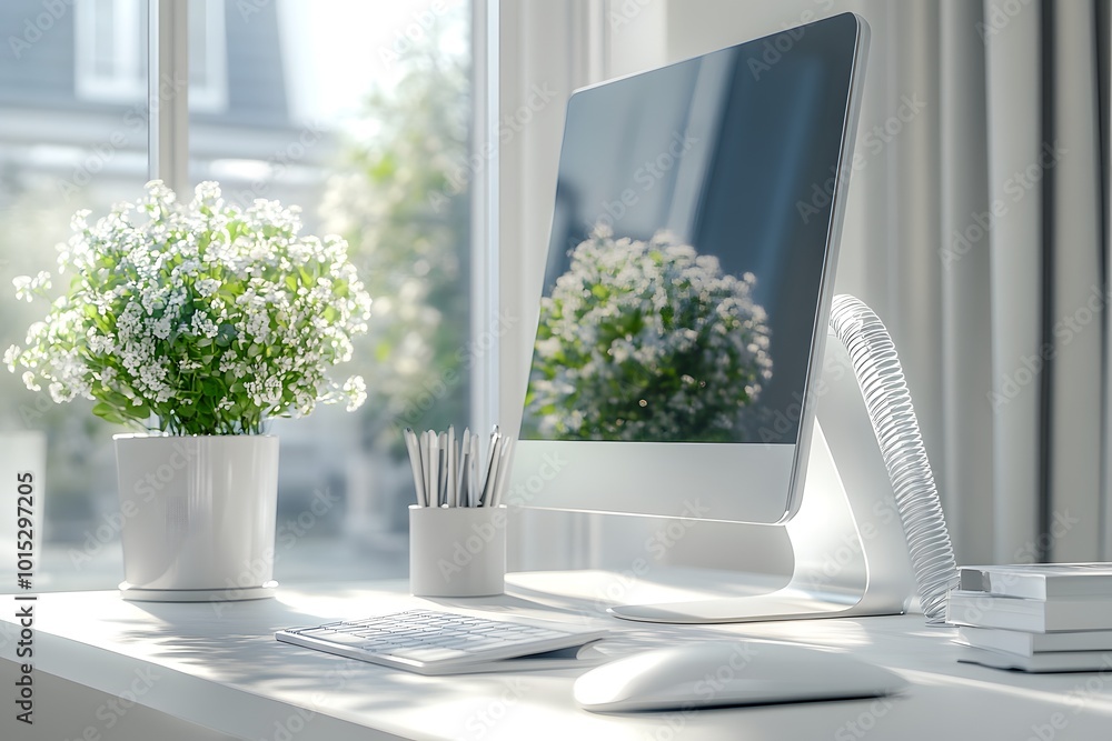 Modern home office setup with computer and plants Modern home office setup with computer and plants