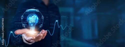 Canvas Print Hosting: Businessman hands with light bulb of inspiration, bright idea, and creative thinking energetic on digital network