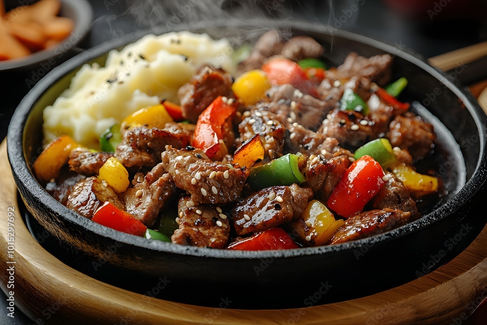 Sizzling beef stir fry with vegetables and mashed potatoes Sizzling beef stir fry with vegetables and mashed potatoes