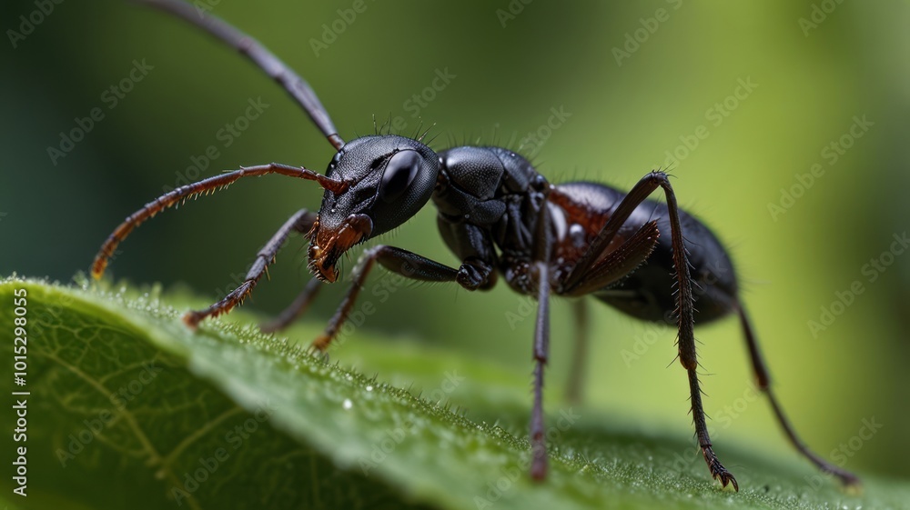A close-up of a black ant on a green leaf, with its antennae raised. A close-up of a black ant on a green leaf, with its antennae raised.