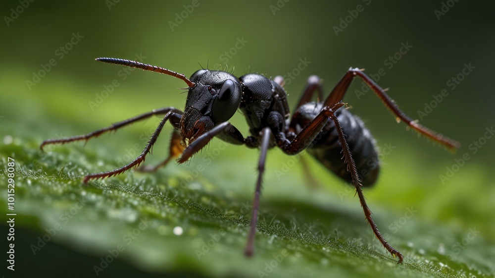 Fototapeta premium A black ant with long legs stands on a green leaf with blurred green background.