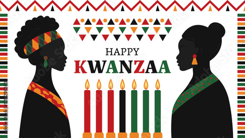 Two black women with traditional clothes and hairstyles celebrating kwanzaa near the seven candles. Vector illustration.