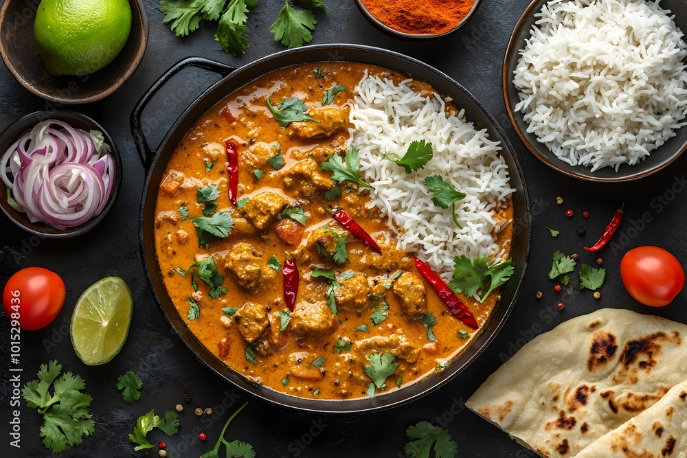 Delicious indian chicken curry with rice and naan Delicious indian chicken curry with rice and naan