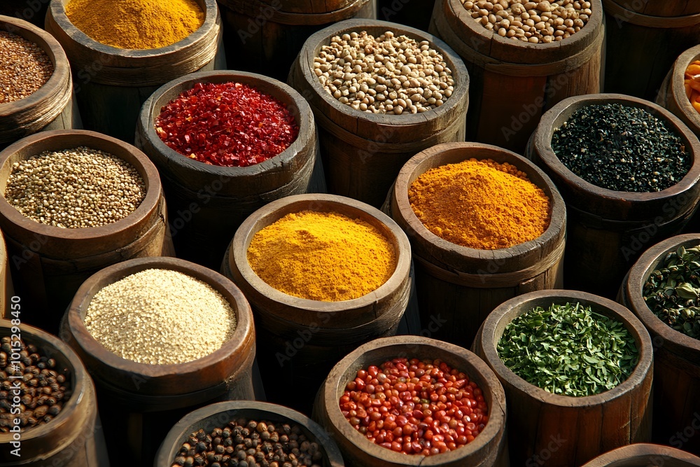 Spices in wooden barrels Spices in wooden barrels