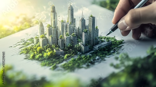 Urban planner implementing sustainable strategies for ecofriendly city development. Concept Sustainable Development, City Planning, Ecofriendly Strategies, Urban Design, Environmental Conservation