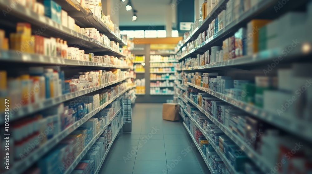 A wide aisle of a pharmacy filled with various health and wellness products. A wide aisle of a pharmacy filled with various health and wellness products.