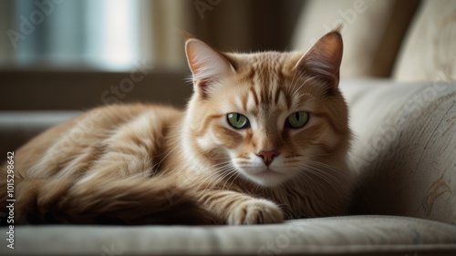 A ginger cat with green eyes lies on a cream-colored sofa, looking directly at the camera.