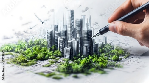 Fototapeta Naklejka Na Ścianę i Meble -  Urban planner implementing sustainable strategies for ecofriendly city development. Concept Sustainable Development, City Planning, Ecofriendly Strategies, Urban Design, Environmental Conservation