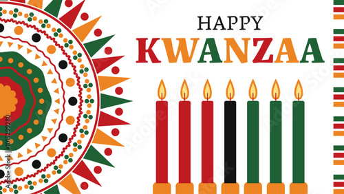 Greeting card celebrating kwanzaa, a seven-day holiday honoring african heritage, with candles colored red, black, and green