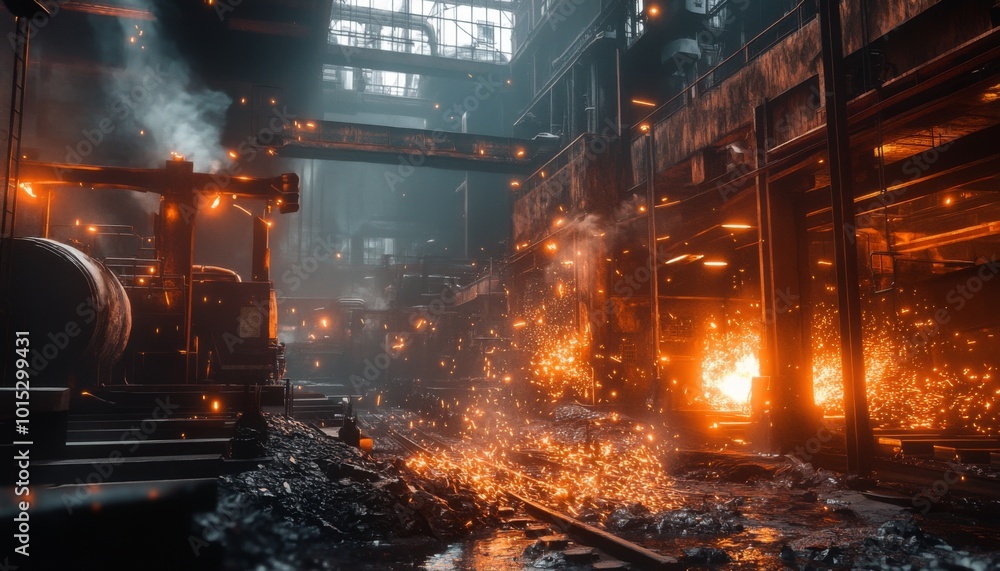 Obraz premium A steel mill with glowing hot metal sparks flying.