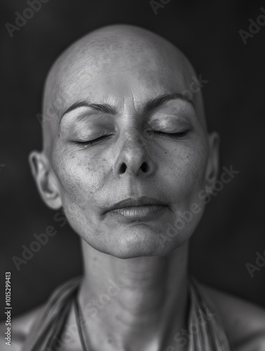 Bald Woman Meditating with Eyes Closed in Black and White Portrait