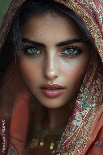 Mysterious woman with green eyes and colorful scarf