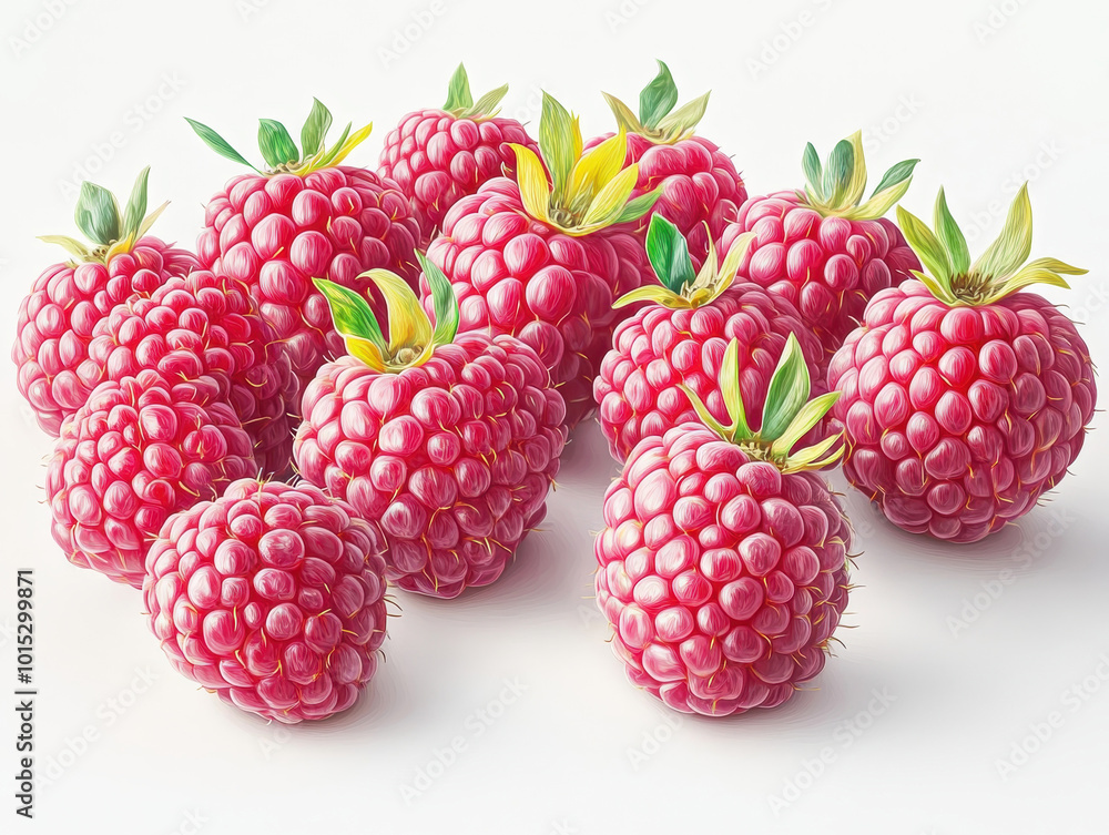 A group of red raspberries with small leaves attached. A group of red raspberries with small leaves attached.
