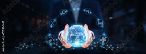 Fotografie Open Data: Businessman hands hold global open data technology, transparency, accessibility, collaboration, innovation, integration, data sharing, efficiency