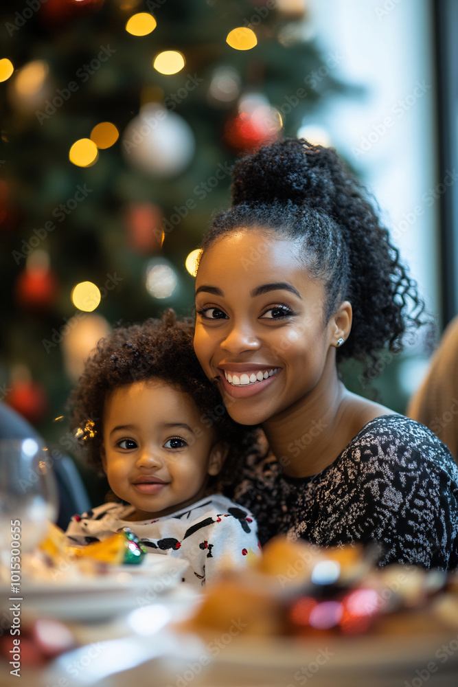 A joyful mother and child enjoying a festive meal together in a cozy, decorated dining room during the holiday season A joyful mother and child enjoying a festive meal together in a cozy, decorated dining room during the holiday season