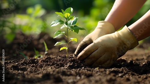 Person planting trees in community garden to promote local food production. Concept Community Garden, Tree Planting, Local Food Production, Sustainable Practices