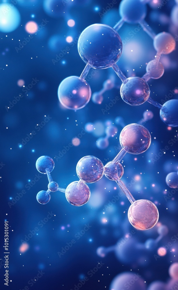 Molecular structure illustration with blue spheres and light effects for science and chemistry backgrounds Molecular structure illustration with blue spheres and light effects for science and chemistry backgrounds
