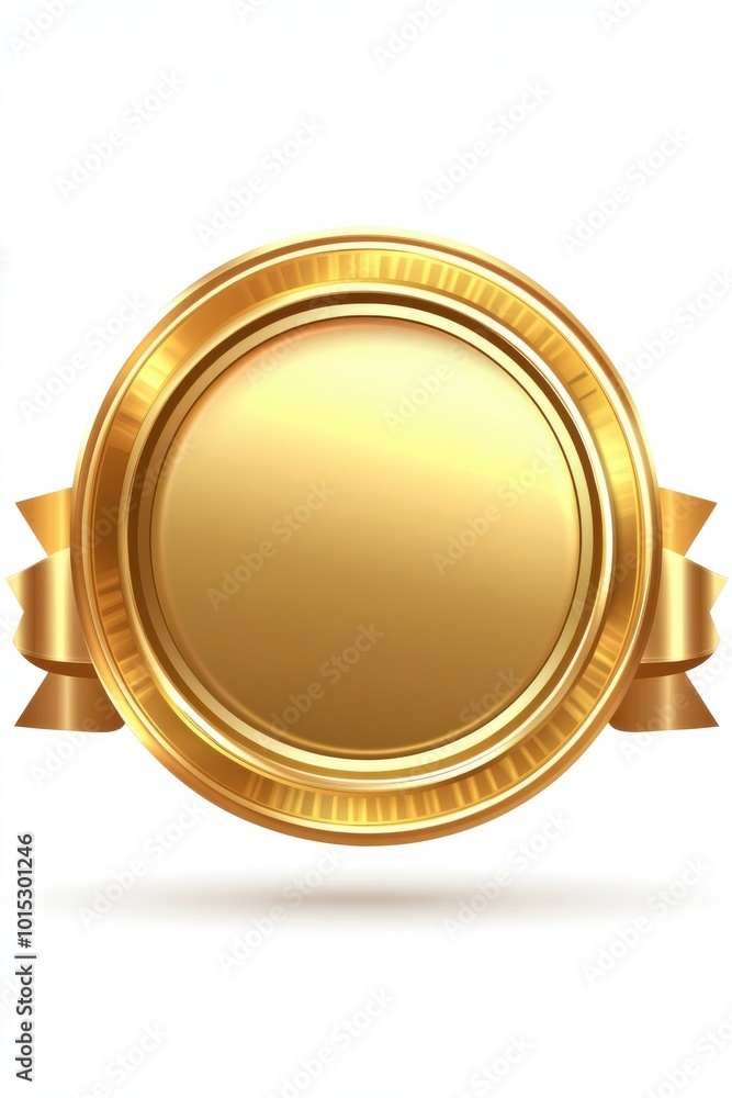 Golden round badge with ribbon on white background, perfect for awards, recognition, and elegant design elements Golden round badge with ribbon on white background, perfect for awards, recognition, and elegant design elements