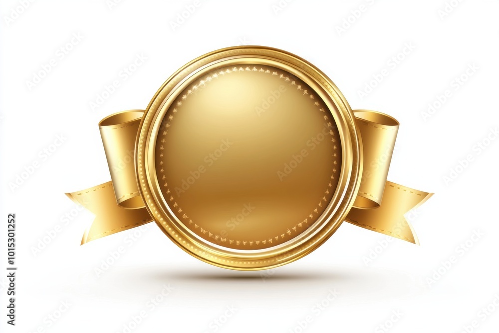Elegant golden circular badge with decorative ribbon and laurel leaves on a white background Elegant golden circular badge with decorative ribbon and laurel leaves on a white background