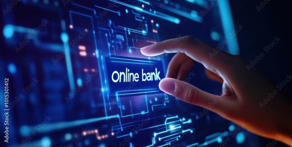 Hand reaching towards a glowing digital screen with online bank interface, representing modern banking technology Hand reaching towards a glowing digital screen with online bank interface, representing modern banking technology