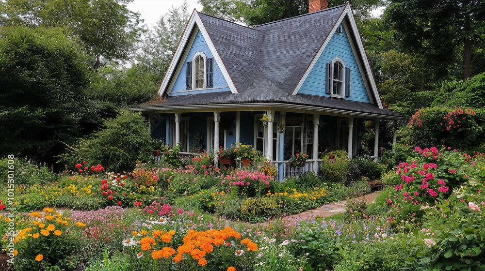 Fototapeta premium Klasyczny dom, którego elewacja utrzymana jest w ciepłych odcieniach beżu i bieli. Wokół niego znajduje się urokliwy ogród kwiatowy, wypełniony kolorowymi roślinami.