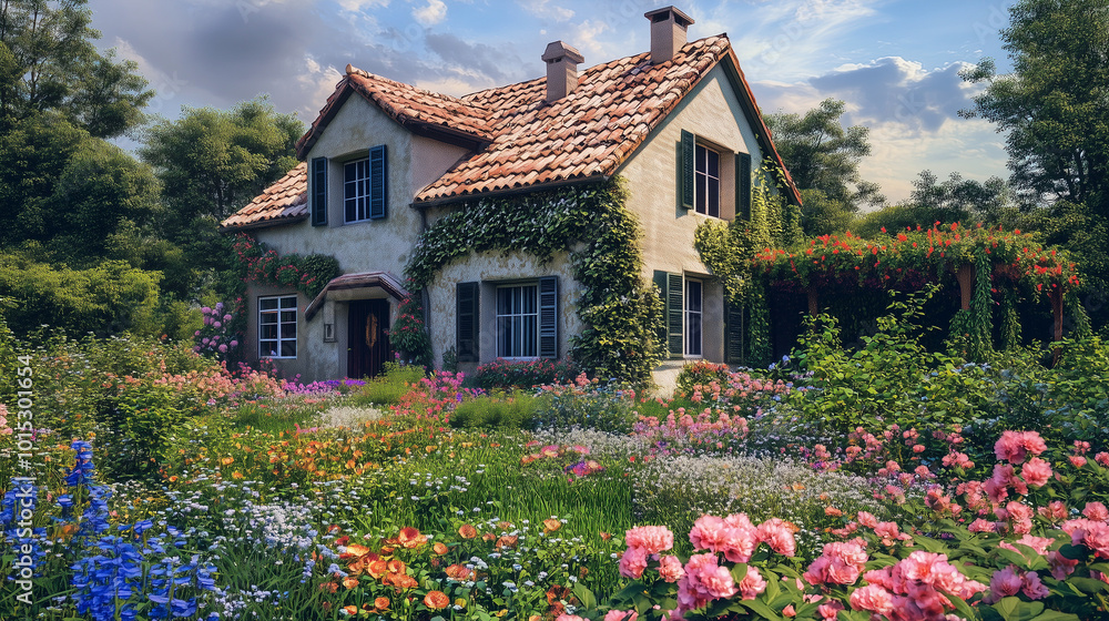 Naklejka premium Klasyczny dom, którego elewacja utrzymana jest w ciepłych odcieniach beżu i bieli. Wokół niego znajduje się urokliwy ogród kwiatowy, wypełniony kolorowymi roślinami.