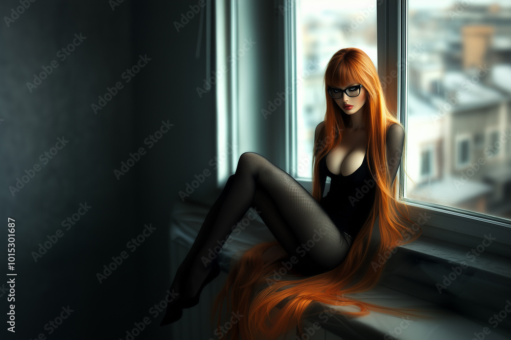 Business lady with long hair in the glasses posing on the windowsill background. Beauty and fashion concept background. Business lady with long hair in the glasses posing on the windowsill background. Beauty and fashion concept background.