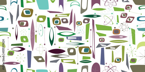 Vintage seamless pattern with mid century modern design elements .  Endless pattern with vector abstract shapes. Retro fabric pattern