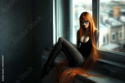 Business lady with long hair in the glasses posing on the windowsill background. Beauty and fashion concept background.