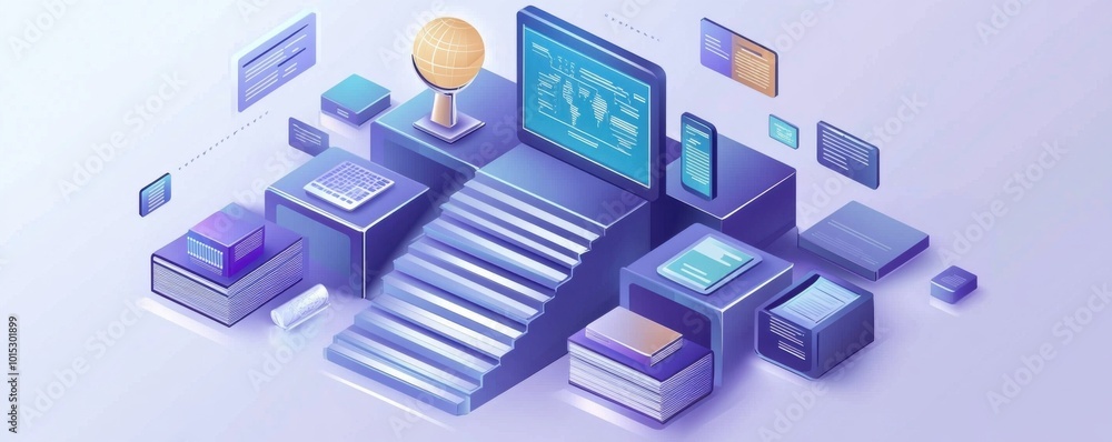 Isometric illustration of a global network with digital devices, books, and a globe symbolizing connectivity and information exchange Isometric illustration of a global network with digital devices, books, and a globe symbolizing connectivity and information exchange