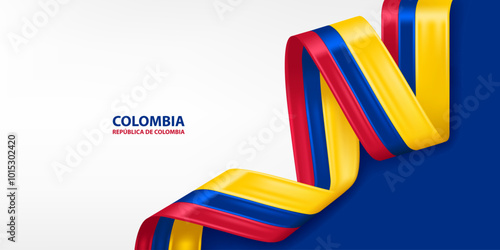 Colombia 3D ribbon flag. Bent waving 3D flag in colors of the Colombia national flag. National flag background design.