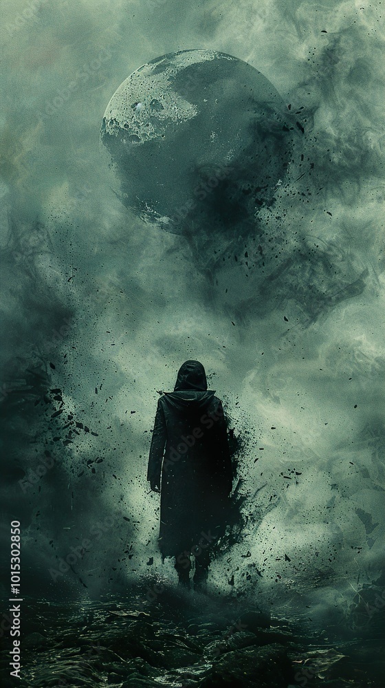 Silhouette of a Figure in a Foggy Landscape with a Large Moon in the Background Silhouette of a Figure in a Foggy Landscape with a Large Moon in the Background