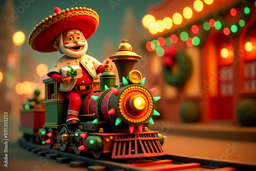 Pancho Claus driving a festive Christmas train decorated with lights and carrying gifts photo