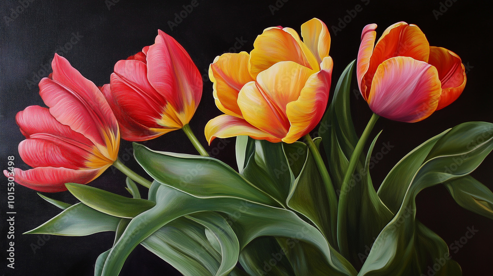 Naklejka premium W pełnym rozkwicie tulipany prezentują swoje intensywne kolory, tworząc malowniczy widok.