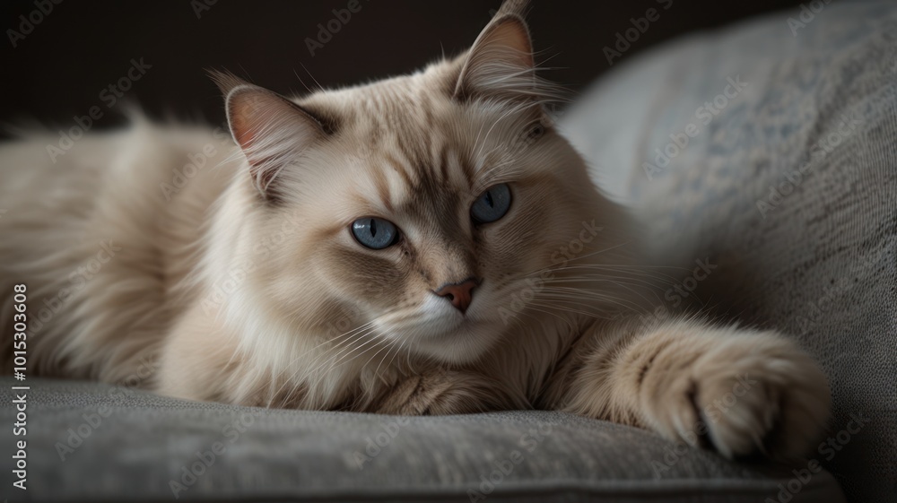 A beautiful cream-colored cat with bright blue eyes lays on a couch, looking directly at the camera. A beautiful cream-colored cat with bright blue eyes lays on a couch, looking directly at the camera.