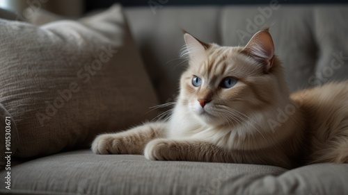 Wallpaper Mural A fluffy, white cat with blue eyes lays on a gray couch, looking to the side. Torontodigital.ca