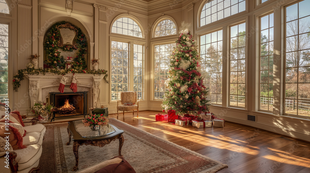 Fototapeta premium Bright Christmas living room with fireplace and decorated Christmas tree. AI Generated