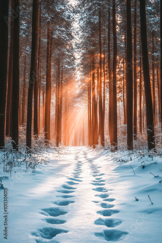 Snowy forest path with deep footprints illuminated by golden sunlight streaming through tall trees