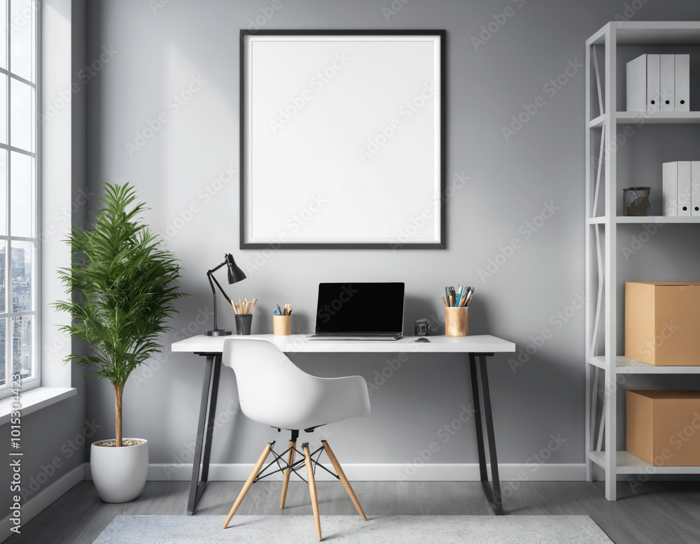 Mock up frame hanging on a white wall with minimal decoration in office interior background Mock up frame hanging on a white wall with minimal decoration in office interior background