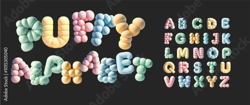 A playful 3D vector alphabet featuring soft, colorful letters in various pastel shades, perfect for creative and fun projects.  Puffy Alphabet Design eps