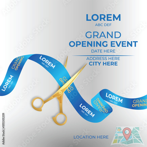 Elegant Grand Opening Design with Gold Scissors with Blue Ribbon 