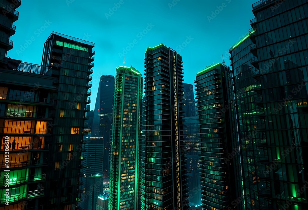 Obraz premium Vibrant Night Cityscape with Blue & Green Lights