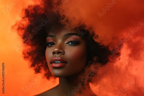 Red background with beautiful African American woman with red smoke hairstyle.