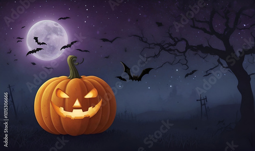 Pumpkin with smile and witch's hat on foggy forest background