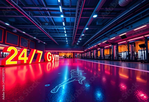 24/7 Gym Interior with Red Floor, Blue Ceiling, Yellow Walls, White Handprint