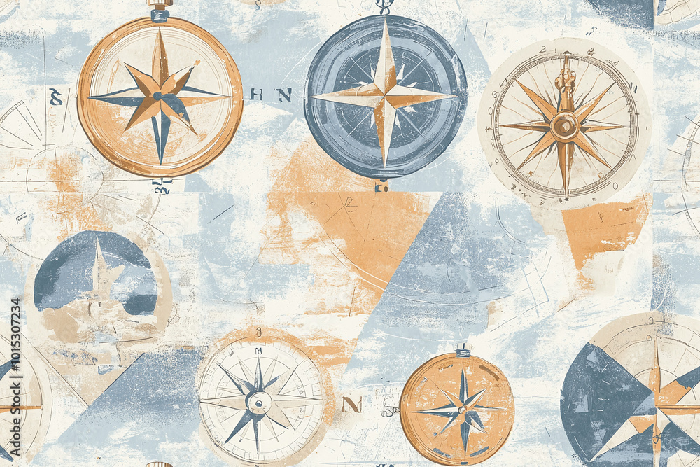 Fototapeta premium seamless repetitive pattern background of vintage nautical maps and compasses in faded blues and browns